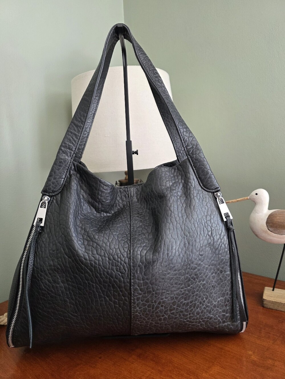 Vince Camuto Zani Pebbled Leather Hobo Shoulder Bag Black Large